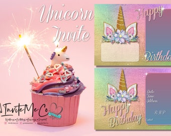 Rainbow Unicorn theme | Happy Birthday Invitation | Instant Printable Download| 7x5 Girl Invitation| Foil stars glitter