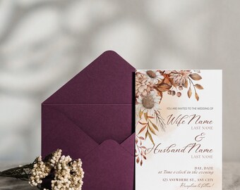 Floral Brown and Tan Fall Wedding Printable Invitation | Digital Invitation |Neutral Wedding Invitation | Thanksgiving