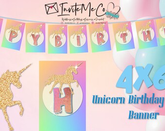 Unicorn Printable Birthday Banner| 4x6 Banner| Rainbow and Glitter Unicorn|