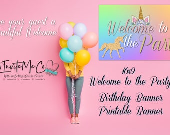 Welcome Rainbow Unicorn Birthday Banner Sign| 16x9 Printable| Welcome Sign