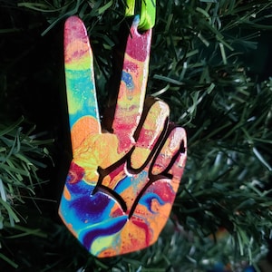 Hand Peace Sign Acrylic Poured Ornament