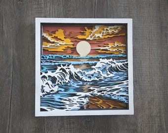 Sunset and Waves 3d Layered Wall Art, home decor, gift, beach waves