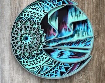 Northern Lights w Moon 3d Wall Art