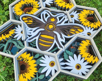 Bee with Flowers 3d Layered Wall Art