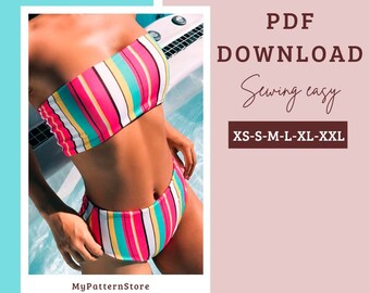 PDF patterns of SWIMSUIT, high briefs, fashion swimsuit, download online easy to sew size 36-46 XS-2XL sewing pattern