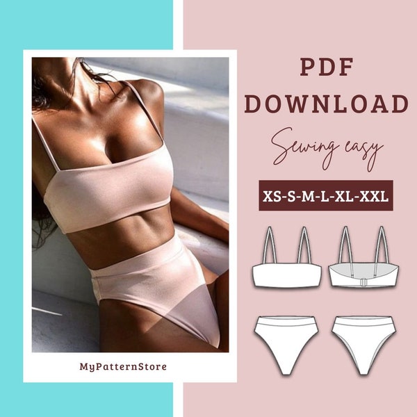 Bikini PDF pattern. Sewing guide for making swimsuits. Simple patterns for fashionable swimwear available to download online in sizes XS-2XL