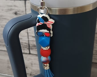 Red White and Blue Messy Bun Tumbler Charm Accessory