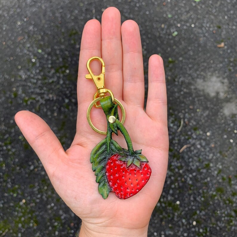 Strawberry Keychain Hand Painted Leather Strawberry Bag Charm