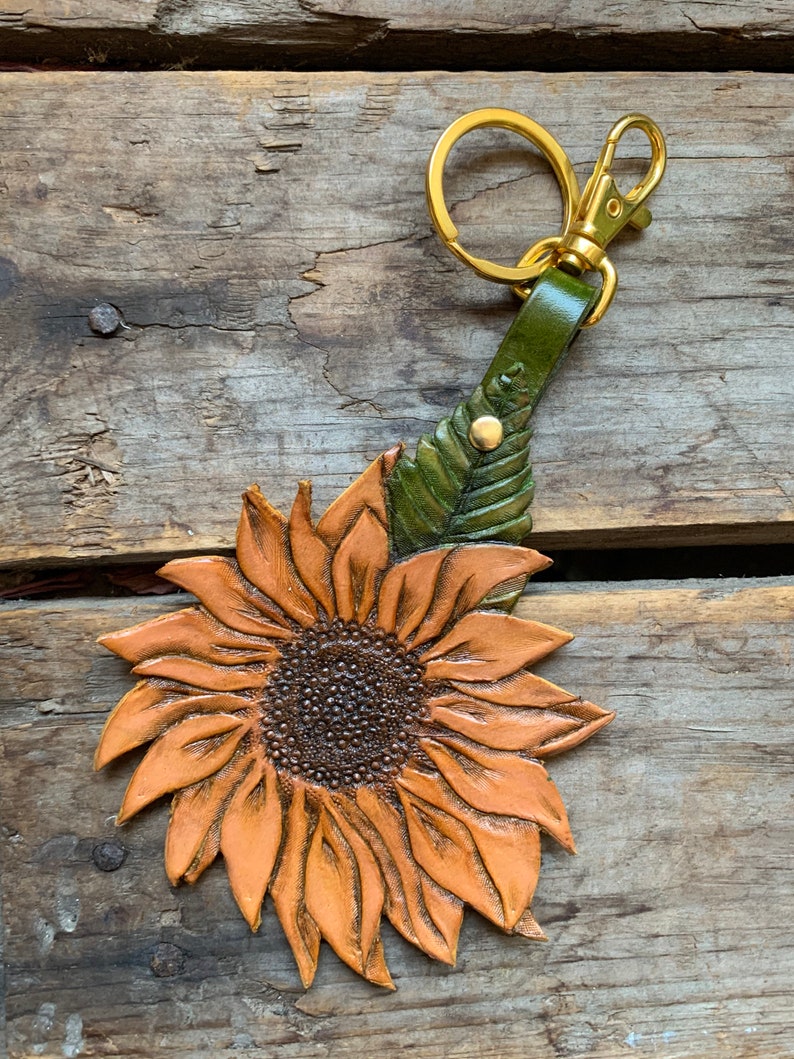 Sunflower Keychain/ Tooled Leather Sunflower Bag Charm Etsy