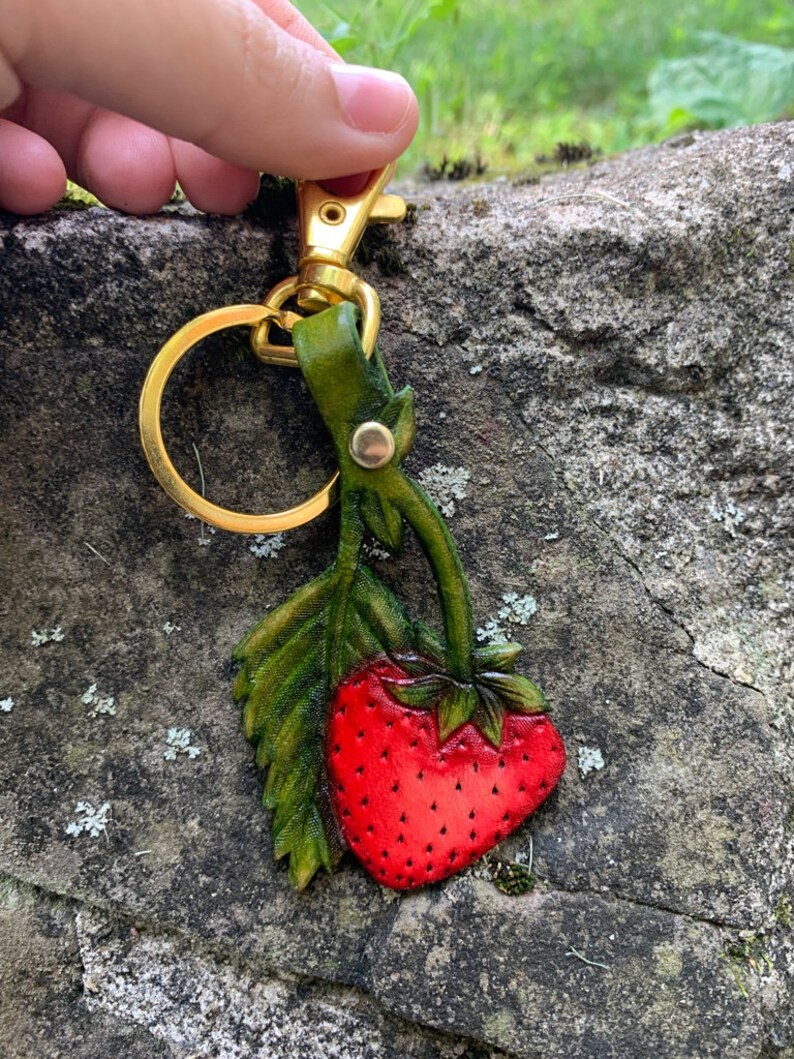 Strawberry Keychain Hand Painted Leather Strawberry Bag Charm