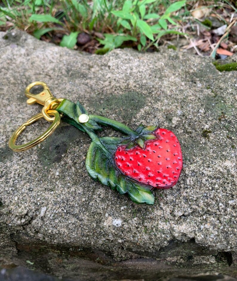 Strawberry Keychain Hand Painted Leather Strawberry Bag Charm