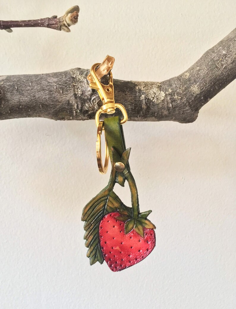 Strawberry Keychain Hand Painted Leather Strawberry Bag Charm