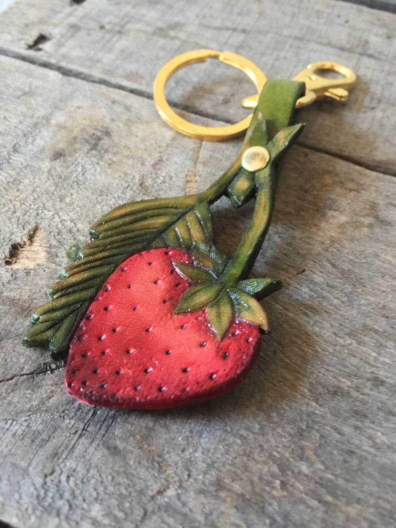 Strawberry Keychain Hand Painted Leather Strawberry Bag Charm