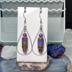 Tear drop shaped boho Earrings. Made with color changing mood beads, Amethyst gemstones and hypoallergenic surgical stainless steel metals