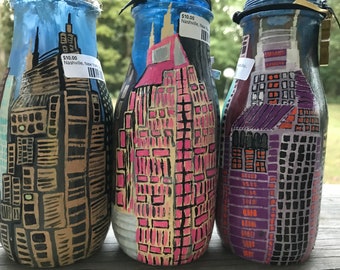 Upcycled Downtown Nashville and Orlando Painted Glass Bottle Vases