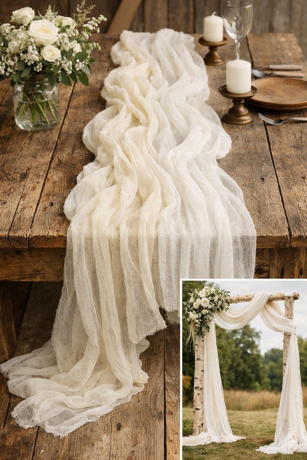 Seihtuch-Tischläufer Set – 4 Läufer (Senf, Terrakotta, Salbei, Orange) + 4 Kunststoff-Tischdecken, Boho-Deko Für