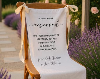 Plaque de mariage réservée, plaque en tissu personnalisée, bannière réservée pour chaise de mariage, plaque commémorative de mariage personnalisée, plaque de chaise commémorative