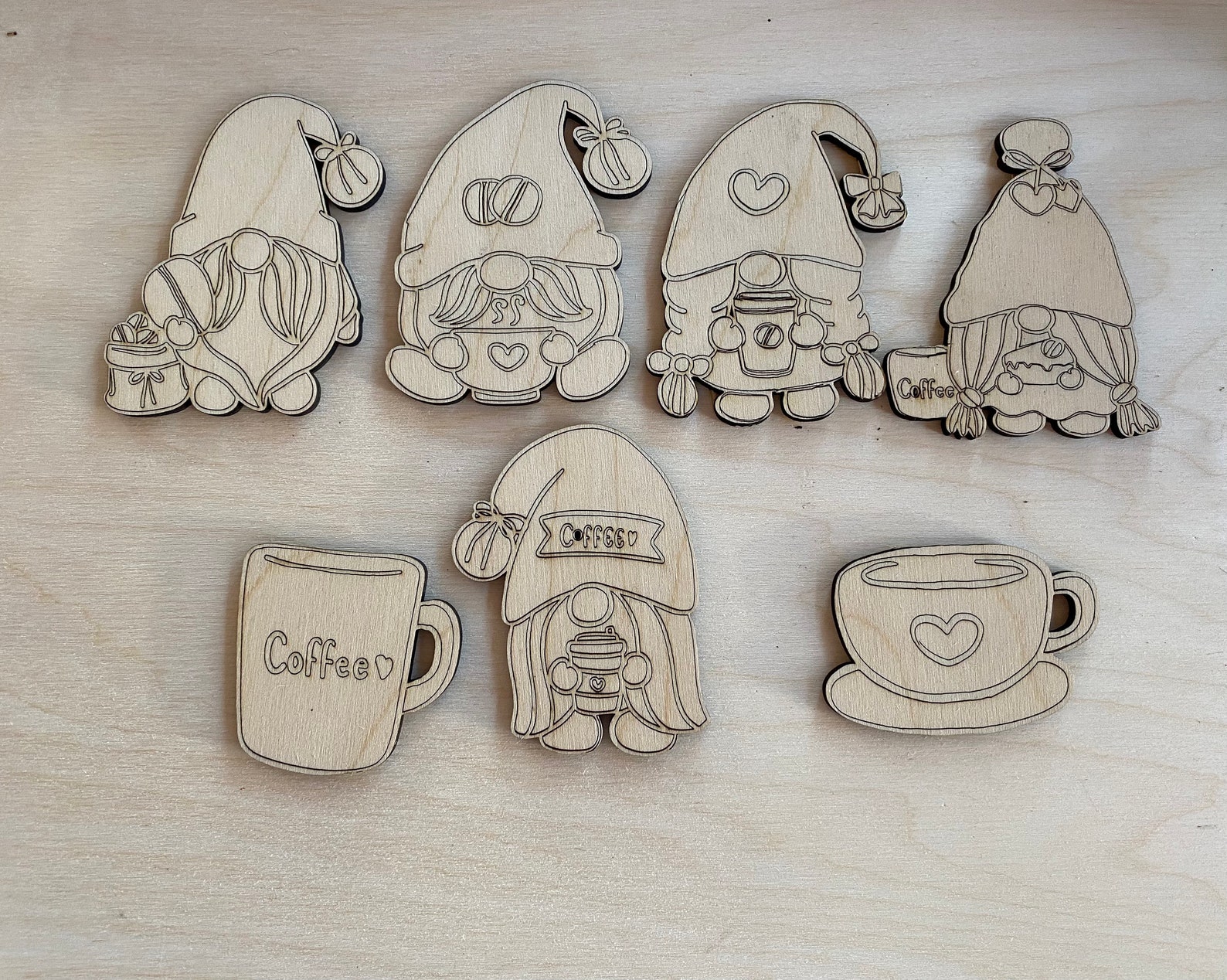 7 piece Coffee Lovers wooden Gnomes unfinished wood gnomes. Etsy