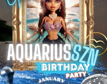 Invitación de cumpleaños de Acuario SZN - Plantilla editable para cualquier cumpleaños