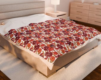 Pomegranate Fig Watercolor Floral Velveteen Plush Blanket | Botanical Pattern
