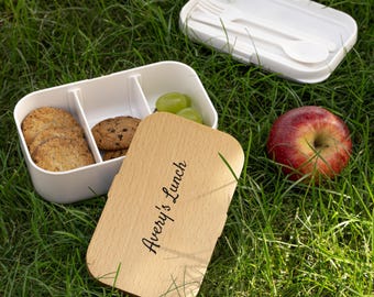 Custom Personalized Script Name Bento Lunch Box | Wooden Lid, Custom Engraved