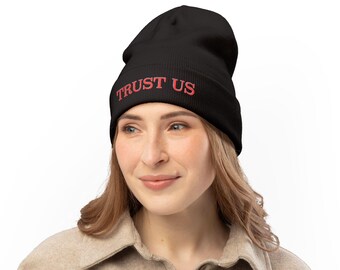 Trust Us Embroidered Beanie | Hazbin Hotel VoxTek Inspired Knit Cuffed Hat