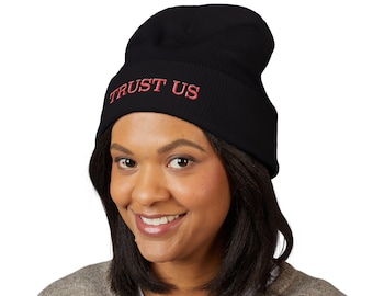 Trust Us VoxTek Inspired Embroidered Beanie | Hazbin Hotel Inspired Cuffed Beanie