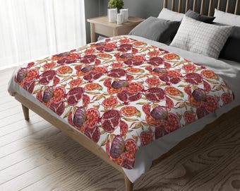 Pomegranate Fig Pattern Blanket | Botanical Fruit Watercolor Throw