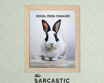May include: A framed print featuring a black and white rabbit with the text "Social Media Manager" above the rabbit and "The Sarcastic Rabbit" below the rabbit.
