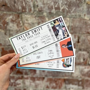 K&ouml;nnte beinhalten: Drei Konzertkarten f&uuml;r Taylor Swifts Eras Tour in The O2, London. Die Tickets haben hellgr&uuml;ne, orange und blaue R&auml;nder. Die Tickets enthalten Datum, Uhrzeit und eine Fotocollage von Taylor Swift.
