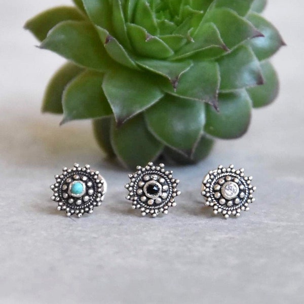 Piercing de nez en argent, Turquoise, onyx, crystal