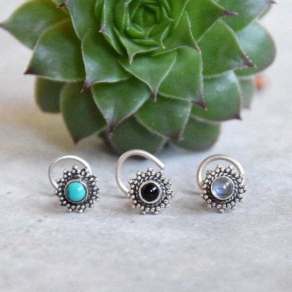 Piercing de nez en argent, Turquoise, onyx, pierre de lune