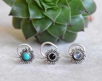 Silver nose stud, turquoise, moonstone, black onyx