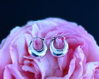 May include: A pair of silver hoop earrings with a rounded, curved design. The earrings are displayed on a pink rose.