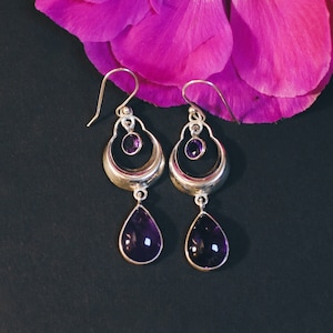 Moon earrings in silver, amethyst, moonstone, aquamarine