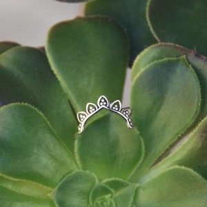 Può includere: Un anello d'argento con un delicato design a festoni. L'anello è posto su uno sfondo di foglie verdi di succulente.