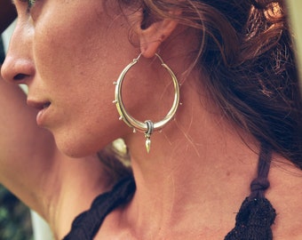Silver 925 Dots Pattern Earrings-Unique Design-New Collection-Geometric-Goddess Jewelry-Tribal Fusion Hoops Earrings-Boho Medium Size Bijoux Boucles doreilles Boucles doreilles longues 