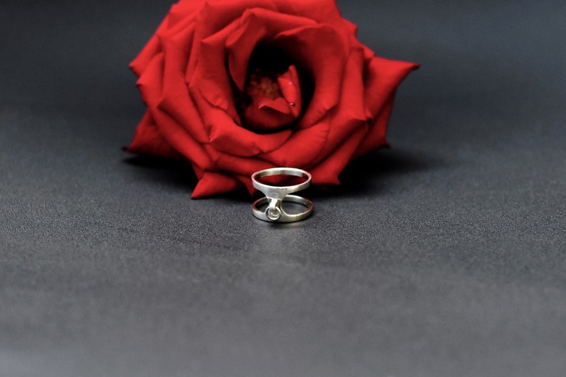 May include: A silver ring with a distinctive double-band design, with a small, round detail. A vivid red rose is behind the ring, set against a dark grey background. The image highlights the ring's modern style and the contrast with the flower.