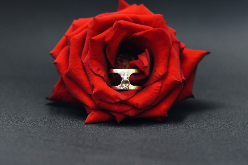 May include: A silver ring with a distinctive design sits within a vivid red rose. The ring has a horizontal bar with a circular detail in the middle. The rose is in full bloom against a dark backdrop.