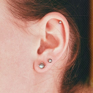 Peut inclure: Gros plan sur l'oreille d'une personne avec trois petits piercings argentés. Les boucles d'oreilles sont dans le lobe, l'hélix et le conch.