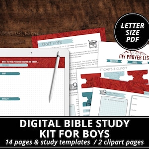 Puede incluir: Kit de estudio bíblico digital para niños con 14 páginas de plantillas de estudio y 2 páginas de clipart. El kit presenta un esquema de color rojo y azul con un diseño de montaña y brújula. El texto "Mi lista de oraciones" es visible en una de las páginas.