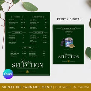 May include: A dark green menu template featuring two rectangular layouts with white text. The left side lists categories like Flower, Pre-Rolls, Edibles, Cartridges, and Specials. The right side highlights a Blue Dream strain with a product jar image.