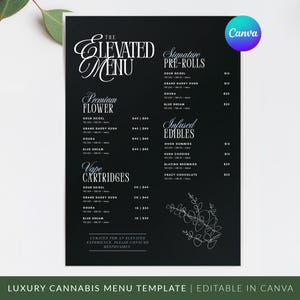Luxury Cannabis Menu Template Canva | Editable Dispensary Menu | Black Minimal Weed Menu | Smoke Shop Menu | Instagram Story & Post
