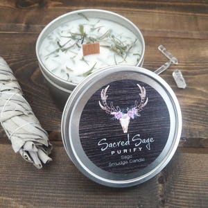 Sage Smudging Candle with Natural Soy Wax 8oz Tin for Cleansing Negativity, Meditation, Yoga, Spiritual, Ritual, Clearing, Prayer, Travel image 1