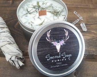 Sage Smudging Candle with Natural Soy Wax - 8oz Tin for Cleansing Negativity, Meditation, Yoga, Spiritual, Ritual, Clearing, Prayer, Travel