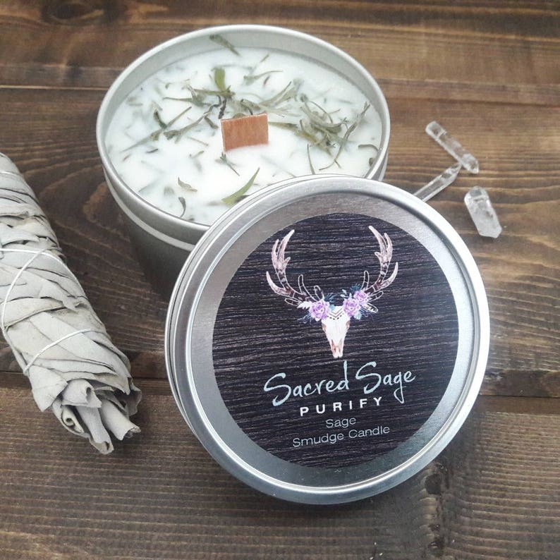 Sage Smudging Candle with Natural Soy Wax 8oz Tin for Cleansing Negativity, Meditation, Yoga, Spiritual, Ritual, Clearing, Prayer, Travel image 1