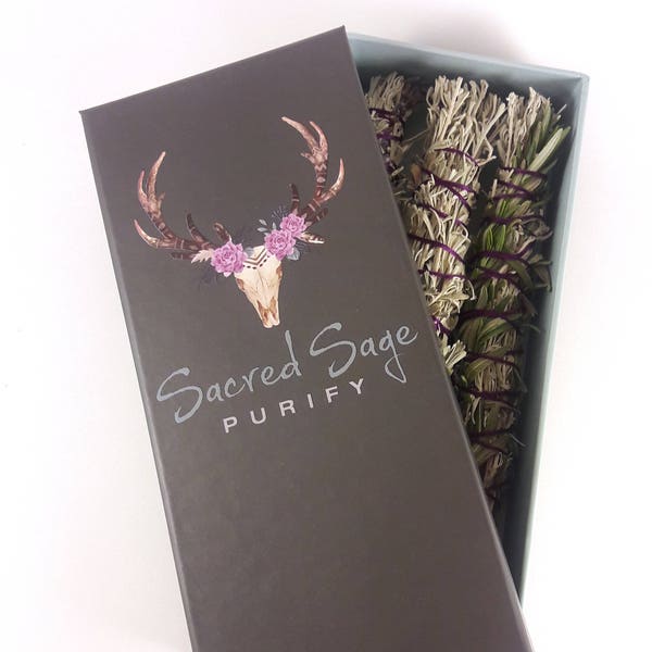 Sage Smudge Stick Trio: Lavender, Sage, Rosemary - LIMITED EDITION - Gift Box of 3 Clears Negativity, Meditation, Cleansing, Spiritual, Yoga