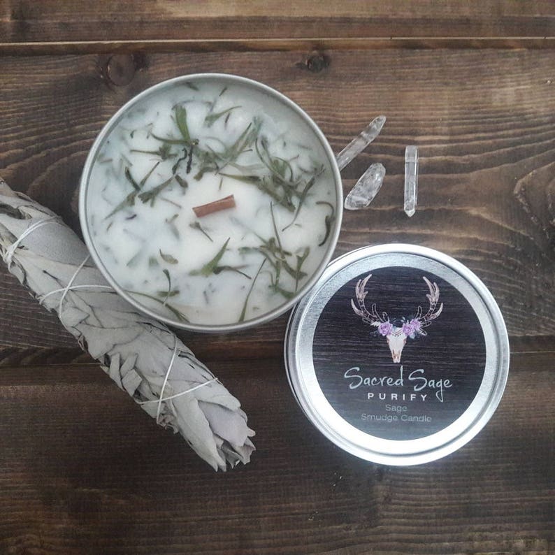 Sage Smudging Candle with Natural Soy Wax 8oz Tin for Cleansing Negativity, Meditation, Yoga, Spiritual, Ritual, Clearing, Prayer, Travel image 3