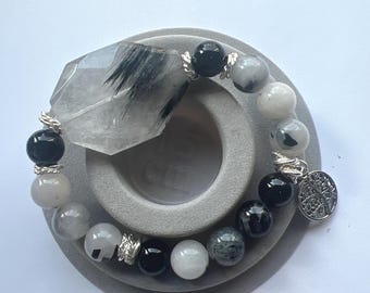 Brachiated Quarz Perlen Edelstein Armband mit Baum des Lebens Charme, Statement Erdung Boho Schmuck