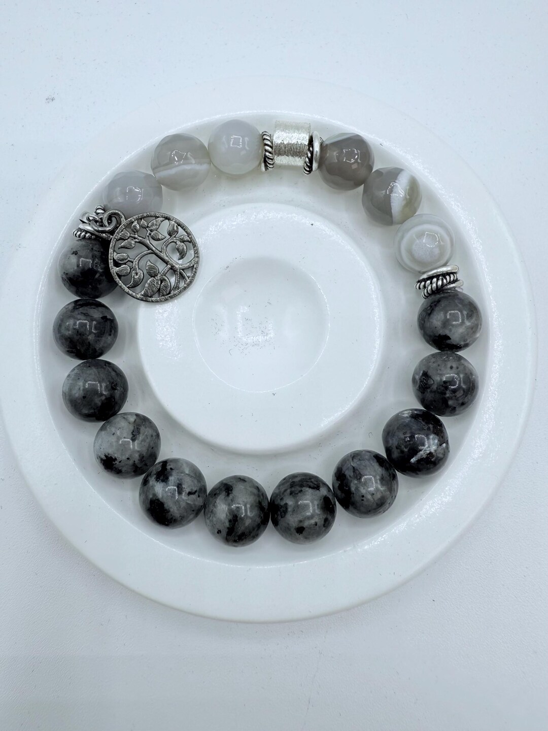 Moonstone, Larvikite, & Banded Agate Beaded Bracelet, Eclectic Gemstone ...